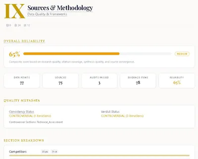 Data quality dashboard showing 65% reliability score, 77 data points, 75 sources, and quality metadata